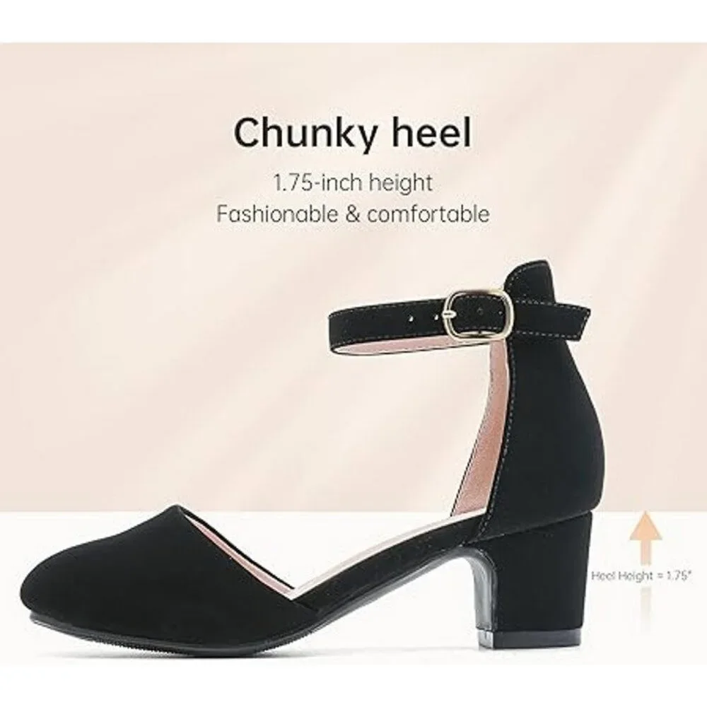 Laurmosa Big Girls Size 2 Black Faux Suede Closed Toe Ankle Strap 2